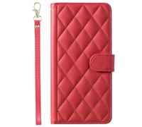 Draamvol for Samsung Galaxy S26 Edge Phone Case, Wrist Strap Wallet Card Holder Kickstand Lanyard Flip PU Leather Diamond Check Full-Body Soft TPU Bumper Shockproof Protection Phone Cover, Red