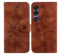 Draamvol for Sony Xperia 1 VII Phone Case, Wallet Card Slots Premium Flip PU Leather Kickstand Magnetic Closure Embossed Lily Pattern Shockproof TPU Bumper Heavy Duty Protection, Brown