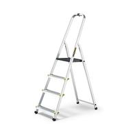 Drabest 4-step aluminum ladder, 150 kg load capacity, foldable, non-slip treads, sturdy frame, compact for storage, equipped with a practical tool hook