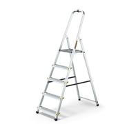 Drabest 5-step aluminum ladder, 150 kg load capacity, foldable, non-slip treads, sturdy frame, compact for storage, equipped with a practical tool hook