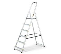 Drabest 6-step aluminum ladder, 150 kg load capacity, foldable, non-slip treads, sturdy frame, compact for storage, equipped with a practical tool hook