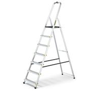 Drabest 7-step aluminum ladder, 150 kg load capacity, foldable, non-slip treads, sturdy frame, compact for storage, equipped with a practical tool hook