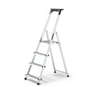 DRABEST 4 Step Ladder Folding - Aluminum Folding Ladder - Lader with a Tool Shelf & Work Platform - Stepladders 4 tread - Capacity 125 KG - Multi-Purpose Ladders - 43x145x11cm