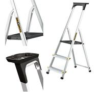 DRABEST Ladder PRO Series 3 Steps Folding Aluminium Ladder with Work Bowl Household Ladder Maximum Load 150 kg Stepladder Free Hook