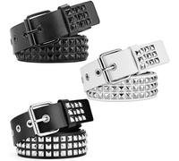 DRABPOI 3Pcs Studded Belt Y2K Punk Rock Pyramid Grommet Belts for Men Women | 3Pcs black & white PU leather emo belts with heavy-duty silver metal square studs. Perfect retro Y2K 90s grunge cosplay gear!