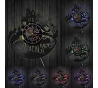 Dracula's Castle Wall Art Wall Clock Halloween Dark Horror Home Decoration Gothic Vampire Bats Vintage Vinyl Record Wall Clock With LED