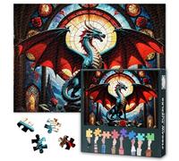 Dragon 1000 Piece Puzzles for Adults Red Dragon on a Stained Glass Window Jigsaw Puzzles, Mysterious Creatures Impossible Puzzle, 19.5 x 27.5 Inch