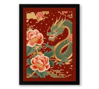 Dragon Among Peonies Japandi Framed Wall Art Print A1 (84.1×59.4cm) Black, Wall Decor for Living Room, Bedroom, Office & Home, Ready to Hang, Art Gift
