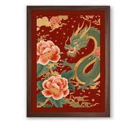 Dragon Among Peonies Japandi Framed Wall Art Print A1 (84.1×59.4cm) Walnut, Wall Decor for Living Room, Bedroom, Office & Home, Ready to Hang, Art Gift