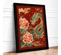 Dragon Among Peonies Japandi Framed Wall Art Print A1 Black