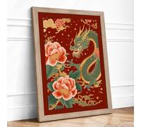 Dragon Among Peonies Japandi Framed Wall Art Print A1 Oak