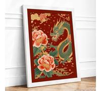 Dragon Among Peonies Japandi Framed Wall Art Print A1 White