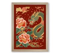 Dragon Among Peonies Japandi Framed Wall Art Print A3 (42×29.7cm) Oak, Wall Decor for Living Room, Bedroom, Office & Home, Ready to Hang, Art Gift