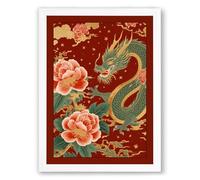 Dragon Among Peonies Japandi Framed Wall Art Print A3 (42×29.7cm) White, Wall Decor for Living Room, Bedroom, Office & Home, Ready to Hang, Art Gift