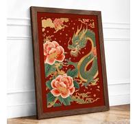 Dragon Among Peonies Japandi Framed Wall Art Print A4 Walnut