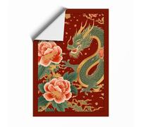 Dragon Among Peonies Japandi Unframed Wall Art Print A4 (29.7×21cm), Wall Decor for Living Room, Bedroom, Office & Home, Art Gift