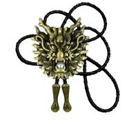 Dragon And Dragon Ball Design Cowboy Bolo Tie with Cowhide Rope - silver - Small