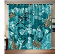 Dragon And Waves 100% Blackout Curtains 84 Inch Length 2 Panels Set Anime Style Drapes For Kitchen Blackout Curtains Insulated Room Darkening Window Curtain, 52 X 84 Inch
