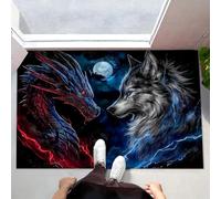 Dragon And Wolf Confront Each Other Welcome Mats Game Style Indoor Door Mat Dirt Trapper Doormats with Non Slip Rubber Backing Entrance Decorative for Porch, Inside, Kitchen, 80 x 120 cm, Indigo