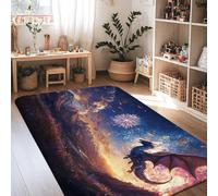 Dragon Area Rug, Fantasy Epic Fireworks Mountains Celebration Blue Low Pile Sponge Indoor Rectangle Carpet Non Shedding Rugs for Living Room Bedroom Under Table Dining Decor 4' X 6'