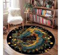 Dragon Area Rug, Fantasy Seasonal Pine Berries Winter Teal Low Pile Round Doormat Throw Rug Edge Binding Entryway Bathroom Kitchen Doorway Decor 4' X 4'