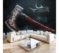 Dragon Axe Wall Mural 3D Effect Mythology Retro Non-Woven Self-Adhesive Wallpaper Living Room Bedroom Home Decor TV Background Large Art Wall Painting 150x100 cm