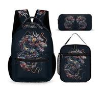 Dragon Backpack with Lunch Box Pencil Case for Kids Age 8, School Backpack 3 Piece Set Year 1-2 for Boys Outdoor Learning Family Trips and Weekend Adventures