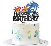 Dragon Birthday Cake Topper - Fantasy Dragon Birthday Cake Supplies - Baby Shower Kid Bday Party Decorations - Black Glitter