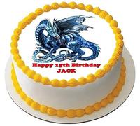 DRAGON BLUE Premium Quality Edible Large 7.5 Inch Round Icing Cake Topper - Text can be Customizable - Make your Celebrations Memorable with Our Delightful Charming Cake Toppers DRAGONS D1