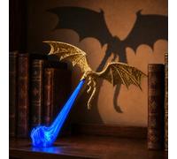Dragon Bookshelf Nook Light,3D Printed Sculpture with Spread Wings,Shelf Accent for Desk,Library,Collector Display (Gold Dragon With Blue Flame, Large)