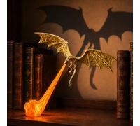 Dragon Bookshelf Nook Light,3D Printed Sculpture with Spread Wings,Shelf Accent for Desk,Library,Collector Display (Gold Dragon With Red Flame, Large)