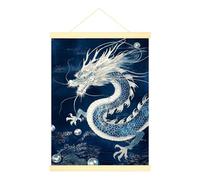 Dragon Canvas Hanging Poster Wall Art, Eastern Traditional Pearls Waves None Blue Hanging Poster with Frames Apartment Living Room Bedroom Decor 12x16 Inches