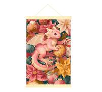 Dragon Canvas Hanging Poster Wall Art, Fantasy Fanciful Poinsettia Christmas Ornament Christmas Peach Poster Hanging with Frame Apartment Living Room Bedroom Decor 20x28 Inches