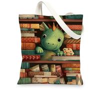 Dragon Canvas Tote Bags, Fantasy Creature Pattern Reusable Shopping Bags, Fun Lightweight Washable Shoulder Strap Canvas Bags for Kids Outdoor Use 13x15 Inch