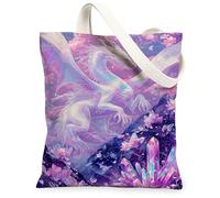 Dragon Canvas Tote Bags, Floral Gemstone Pattern Reusable Grocery Bags, Ethereal Lightweight Washable Shoulder Strap Canvas, Violet, 13x15 Inch
