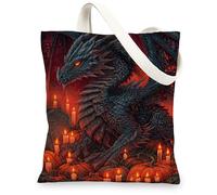 Dragon Canvas Tote Bags, Gothic Creature Design Reusable Grocery Bags, Dark Art Lightweight Washable Shoulder Strap Canvas Bags for Travel Beach Picnic 13x15 Inch