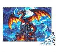 Dragon Castle Fantasy Sturdy 1000 Piece Jigsaw Puzzle for Adults Red Dragon in Blue Lightning Storm Premium Vibrant Challenging Stress Relief Game 38x26cm/1000pcs