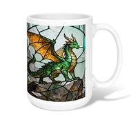 Dragon Ceramic Coffee Mug, Fantasy Stained Glass Wings Fantasy Green Novelty Hot Chocolate Mug with Handle Ideal for Friends Family Coworkers Teachers Couples Employees 15 Oz