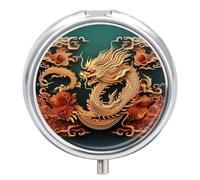 Dragon Chinese Background Pill Box Small Round Pill Case Portable Travel Pill Container Multi-Functional Moisture Proof Metal Medicine Pill Organizer Box for Vitamins Fish Oil