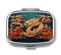 Dragon Chinese Background Pill Case Portable Medicine Organizer Compact Travel Pill Box Small Metal Medicine Box for Purse Pocket Pill Container Holder 2 Compartments Medication Holder