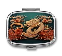 Dragon Chinese Background Pill Organizer with 2 Compartments Metal Square Pill Case Small Pill Box Portable Medicine Box Slim Travel Pill Container Medicine Organizer for Daily Use