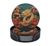 Dragon Chinese Background Set of 6 Drink Coasters with Holder Leather Coasters Tabletop Protection Cup Mat for Bar Decorate Cup pad for Coffee Table Kitchen Dining Room