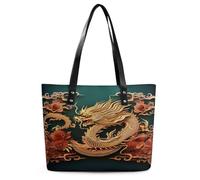Dragon Chinese Background Tote Bag Large Soft Leather Purse with Zipper Lightweight Ladies Shoulder Handbag