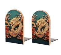 Dragon Chinese Background Wood Bookends Non-Slip Bookends with Metal Bases Desktop Book Stand Holders Decorative Book Stoppers Wooden Book Ends for Office Files Magazine
