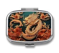 Dragon Chinese Bottom Pill Box with 2 Compartments, Portable Travel Pill Case with Square Metal Mirror for Medication Storage, Pocket Medicine Box