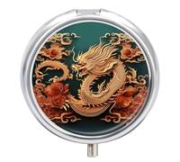 Dragon Chinese Bottom Pill Box with 3 Compartments, Portable Travel Pill Case with Metal Round Mirror, Medicine Storage Container for Storing Vitamins