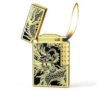 Dragon Classic Metal Butane Lighter Refillable Soft Flame Butane Lighters with Adjustable Flame Side Slide Ignition (Gold Black)