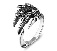 Dragon Claws Ring, Stainless Steel Mens Gothic Ring Adjustable Open Punk Ring Silver Cool Dragon Ring Vintage dragon Jewelry Ring for Men (A)