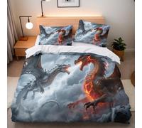 Dragon Clouds Bedding Set 200x200 cm with 2 Pillow Cases 50x75 cm 3D Printing Dragon Lightning Duvet Cover Double Microfibre Zip Corner Straps Non-Slip Design Comforter Cover for Bedroom All Seasons