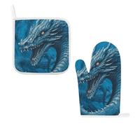 Dragon Cool Blue Oven Mitts & Pot Holders Set - 2 Pcs Heat Resistant Oven Gloves with Hanging Loop, Kitchen Potholder for Cooking, Baking, BBQ, Microwave